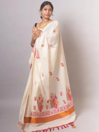 Kerala Kasavu Saree with Gold Zari Floral Embroidery